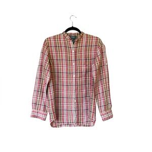 Lauren Ralph Lauren Women's Small Red Plaid Linen Blouse Long Sleeve Band Collar